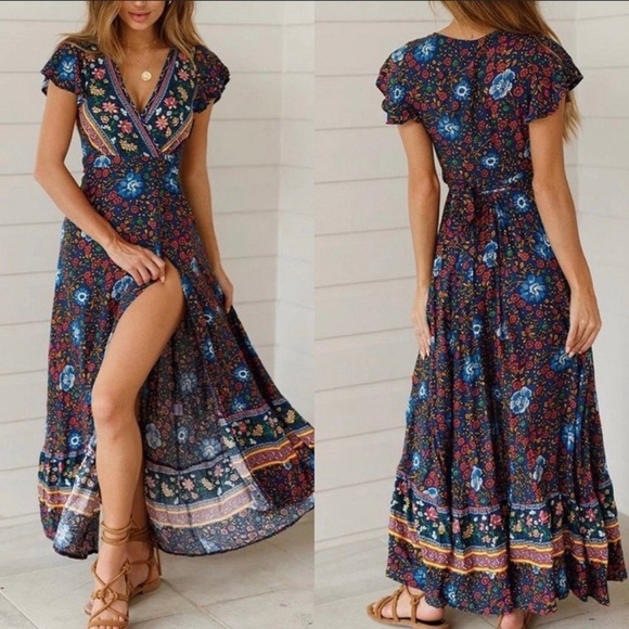 Navy Boho Floral Maxi Dress | Boutique - Picture 1 of 8